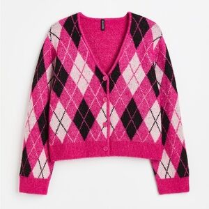 H&M+ Knitted Cardigan Plus Size Pink/Black/White Argyle-patterned 4x